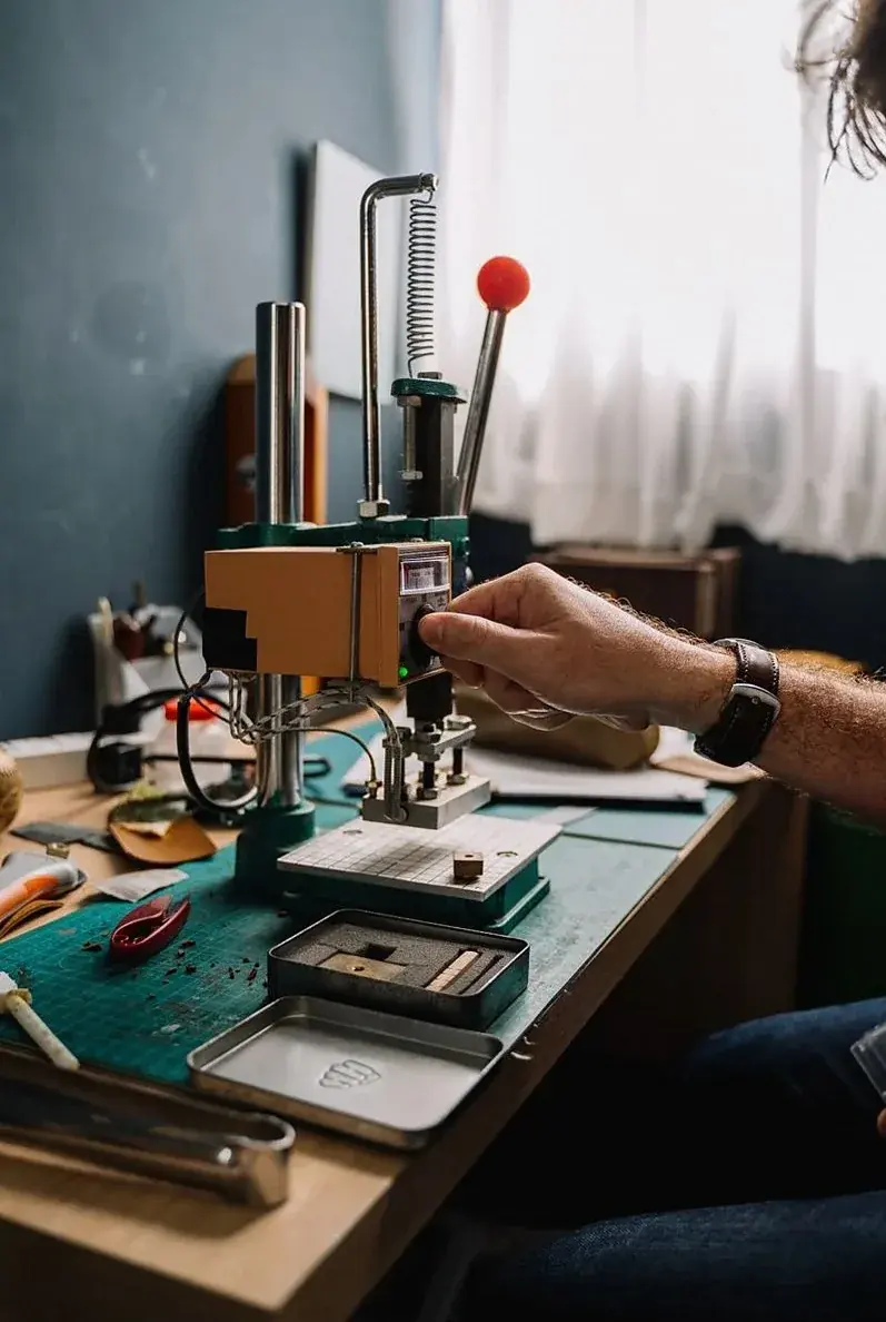 卓上の道具で革の加工をしている作業台